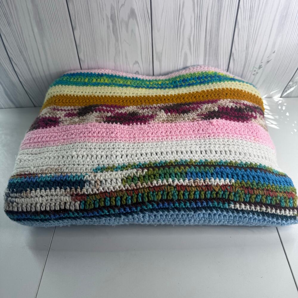 VTG Hand Crochet Multicolor Unique Afghan Blanket Throw Granny Blanket 60 x 67